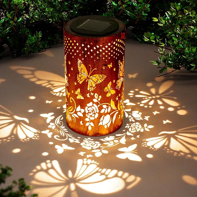 Butterfly Solar Lanterns Outdoor Hanging Hollowed-Out Metal Waterproof LED Garden Decor Light for Patio Yard Pathway Lawn Front Porch Christmas Thanksgiving Birthday Gifts for Women Mom Grandma