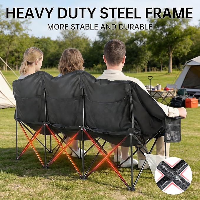 3 Person Camping Chair for Adults Folding Double Camping Chair Oversized Heavy Duty Camping Loveseat with Cup Holders &amp Carry Bag Portable Outdoor Lawn Chair for Camping Beach Backyard Black &a