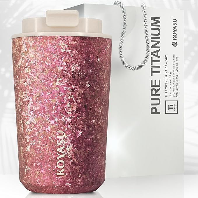 KOYASU Ti-Zen 12oz Pure Titanium Travel Coffee Mug - Grade 1 Titanium Double-Walled Insulated Tumbler - 1668°C Crystalline Texture Zero Metallic Aftertaste - Dawn Pink