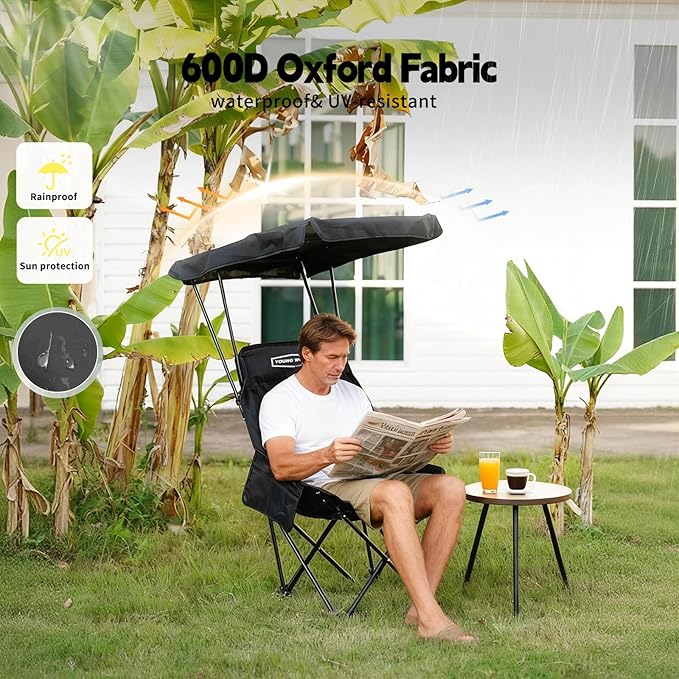 YOUNG WOOD Portable Camping Chair Beach Chair with Shade Canopy Fold Lightweight Oversized for All Easy to Open and Close Without Installation Side Pocket Design for All Outdoor Activities Black