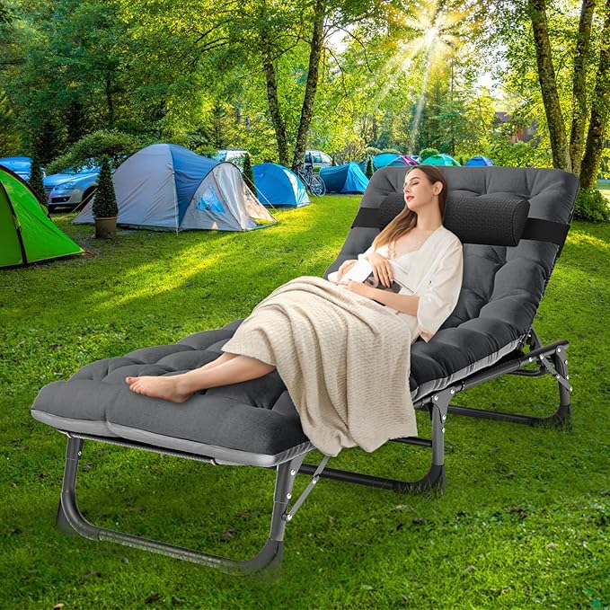 NAIZEA Folding Camping Cots 4-Fold Sleeping Cots for Adults Reclining Folding Chaise with Pillow Adjustable Camping Reclining Chair Outdoor Patio Lounge Chair for Pool Beach Patio Sun Tanning