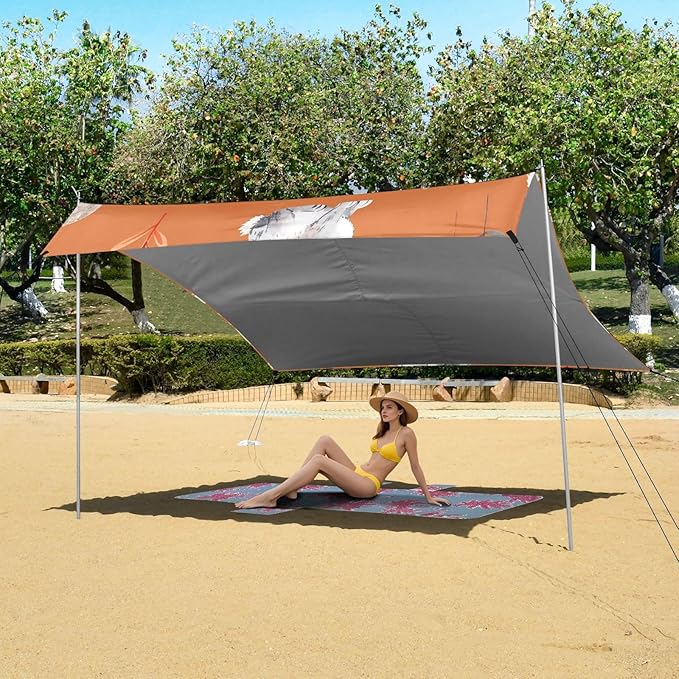 Bunny Rabbit Cartoons and Cute Flower on Orange Background Camping Sun Shelter Beach Tent Portable Beach Sun Shade Outdoor Canopy for Camping Trips Fishing Picnic