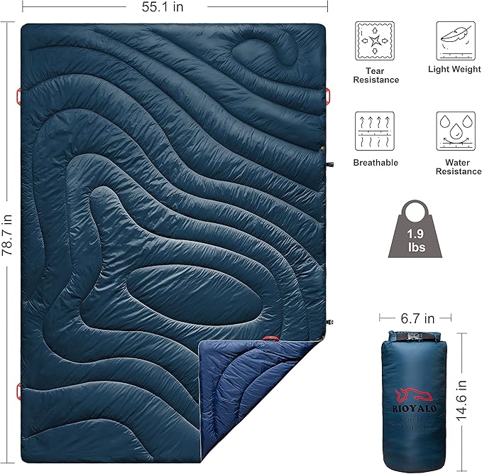 Camping Blanket | X-Large Wind and Waterproof Warm Puffy Blanket Quilt | Lightweight Portable | Outdoor Concerts Picnics Backpacking Travel Hiking Beach Stadium (Deepsea Blue)