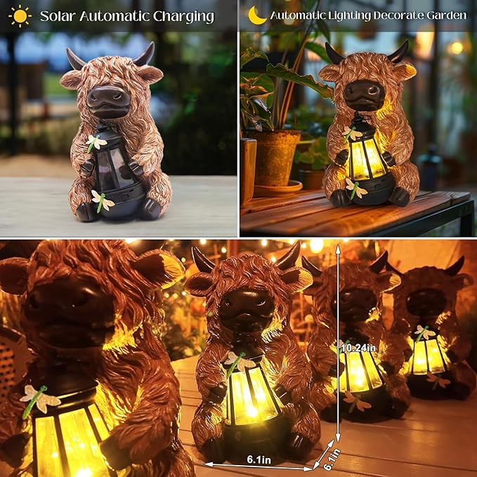 DKJOCKY Highland Cow Garden Decor Statue with Solar Light Lantern Birthday Gifts for Women Mom Grandma Funny Waterproof Resin Figurine Outdoor Decorations for Yard Patio Lawn Balcony Porch