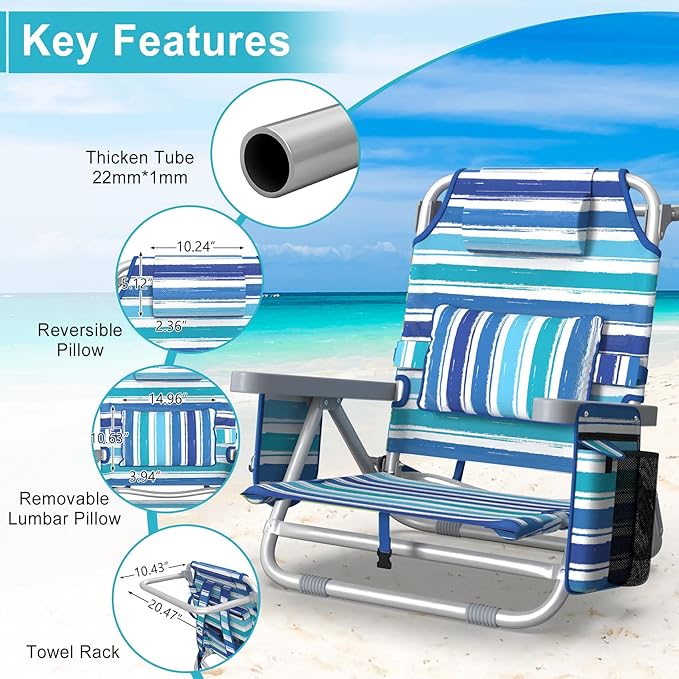 Suteck Beach Chair Adjustable 5-Position Backpack Beach Chairs for Adults Kids Foldable Lay Flat Chair with Cooler Bag Cup Holder and Lumbar Pillow Reclining Lay Down Chairs for Lawn Outdoor