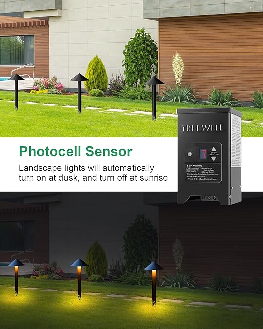 150W Low Voltage Landscape Transformer Outdoor Landscape Lighting Transformer with Photocell Sensor &amp Timer 120V AC to 12V/15V AC Stainless Steel Waterproof Transformer Black ETL Listed