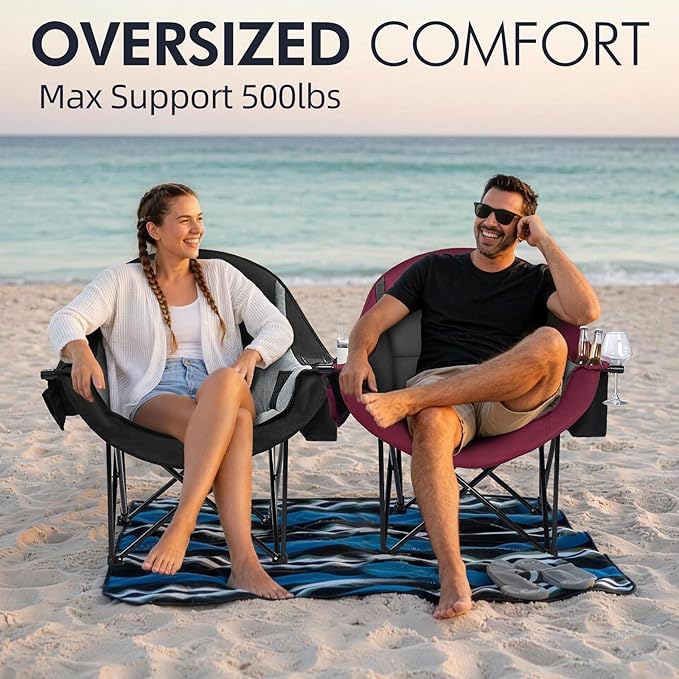 Oversized Camping Chair for Adults - Heavy Duty Padded Outdoor Folding Lawn XL Camp Chair with Cup Holder Cooler Pockets for Sports Beach Fishing Garden Portable Supports 500lbs Red/Grey