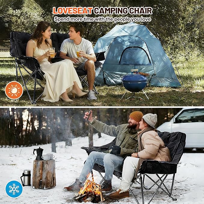 Double Heated Camping Chair Fully Padded Oversized Loverseat Camping Chair w/ 2 x Cup Holder Pillow 2 Person Camping Couch for Outdoor Patio Supports 600lbs Black No Power Bank