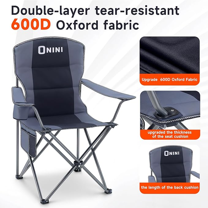 Onini Oversized Camping Folding Chairs Heavy Duty Support 500 LBS Chair with Cup Holder Storage Bag for Outdoor Beach Fishing Trip Picnic Thicken 600D Oxford 2 Pack