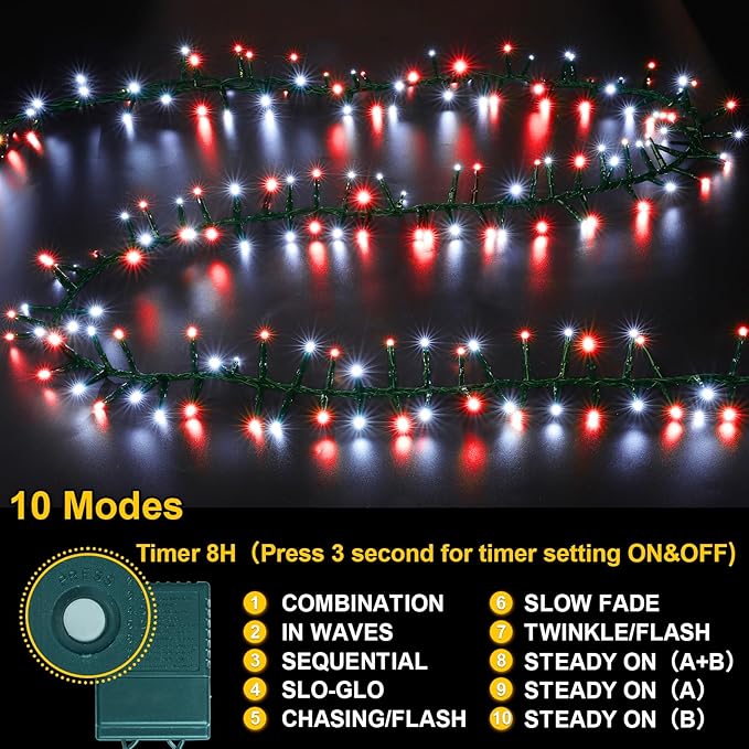 LAMPHOME 500 LED String Lights Outdoor 16 Modes Plug in Twinkle Fairy Lights for Bedroom 46ft 500LED Christmas Lights Cluster Lights Outdoor Waterproof Red&ampWhite Bulb