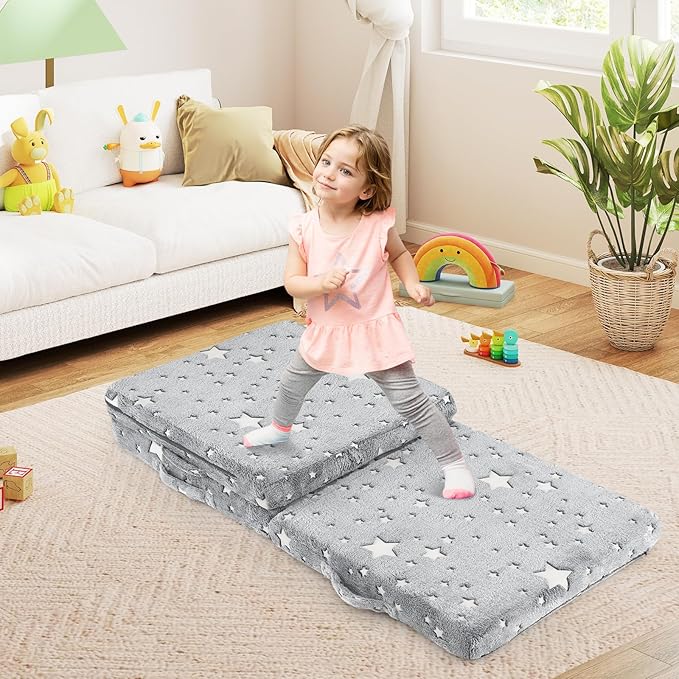 Costzon Foldable Floor Mattress for Kids Glow in The Dark Toddler Floor Nap Mat w/Washable Flannel Cover Tri-Folding Children Floor Bed for Sleeping Daycare Playroom School Kindergarten or Nursery