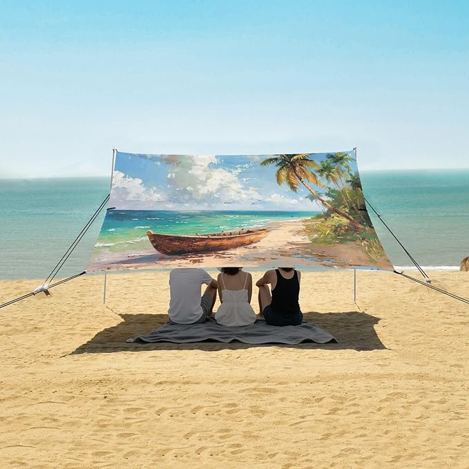 Boat on The Shore Beach Tent Sun Shelter 9.2' x 10.5' Beach Canopy with 4 Sandbags 4 Stability Poles Sand Shovels - Tent Canopy for Beach Camping Fishing Picnics