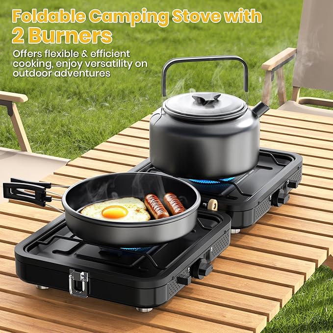 2 Burner Camping Propane Stove Portable Folding Propane Stove with Carrying Bag Adjustable High Heat Burners &amp Piezo Push-Button Instant Ignition Outdoor Tailgating Backyard BBQ Camping Essent