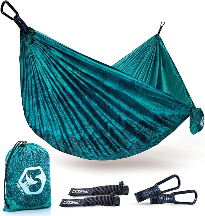 Foxelli Camping Hammock – Ultralight Hammock for Backpacking Hiking Festivals Travel - Easy Setup with Tree-Friendly Ropes &amp Steel Carabiners Heavy Duty Parachute Nylon