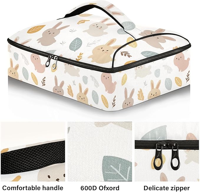 Casserole Carrier Rabbit PatternInsulated Casserole Carrier for Hot or Cold Food Thermal Lunch Tote for Potluck Parties Picnic Beach Fits 9 x 13 Inches Baking Dish