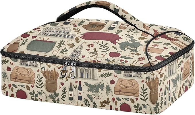 Casserole Carrier Patterns Retro Italian Lifestyle ElementsInsulated Casserole Carrier for Hot or Cold Food Thermal Lunch Tote for Potluck Parties Picnic Fits 9 x 13 Inches Baking Dish