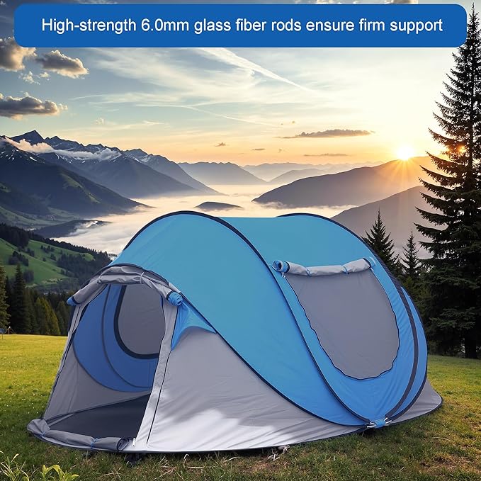 Instant Pop Up Camping Tent 4 Person Blue Easy Pop Up Tent Waterproof Automatic Setup Doors-Instant Family Camping Tents Suitable for Camping Halloween Christmas Autumn Snow etc.(CP-Blue)