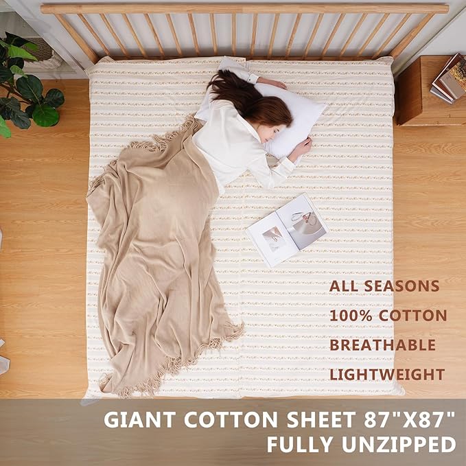 100% Cotton Sleeping Bag Liner with Full Length Zipper on 3 Sides Single/Double Adult Sleep Sack for Travel &amp Camping Multifunctional Travel Sheets (Unzipped 87”x87”) for Hotel Lightweight