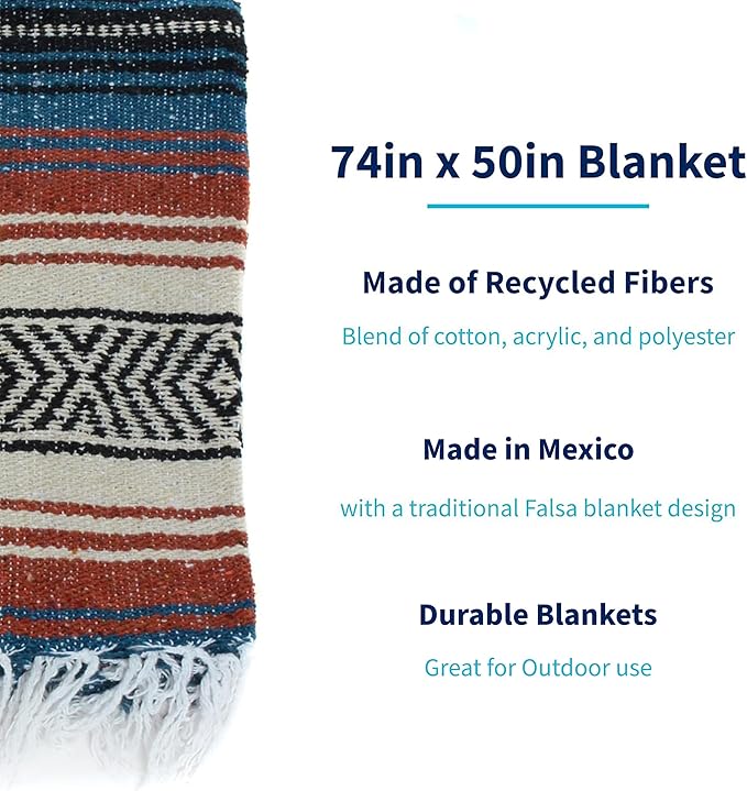 La Montana Mexican Blankets and Throws 4 Pack 74x50 - Made in Mexico Lightweight Yoga Blanket for Schools Studios Outdoors Camping Picnic Decor - Machine Washable Terracotta/Teal/Tan