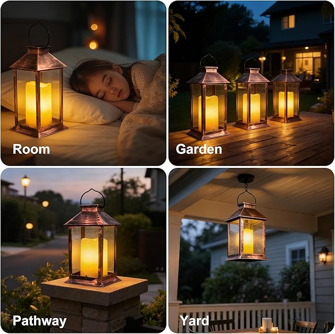 2 Pack 14 Inch Solar Lanterns Outdoor Waterproof with Flickering Flameless Candles Outdoor Garden Hanging Lantern Decorative for Patio Front Porch Backyard Balcony Cabin Outside Table