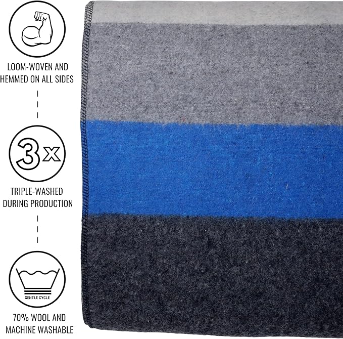 Arcturus Rainier Wool Blanket - 4.5lbs Warm Heavy Washable Large | Great for Camping Outdoors Survival &amp Emergency Kits (White Blue Gray)