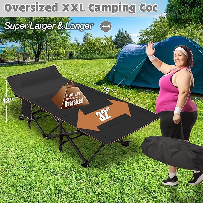 ABORON XXL Camping Cot with 2in Memory Foam Trifold Mattress 900LBS Heavy Duty Sleeping Cot for Adults Extra Wide Sleeping Cot 1200D Double Layer Oxford Cot for Camping Guest Office Nap