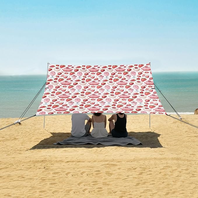 ALAZA Strawberry Ice Cream Beach Tent Sun Shelter UPF50+ Protection Beach Shade Canopy w/ 4 Sandbags for Outdoor Camping Fishing Backyard Fun Picnic 10x9 ft
