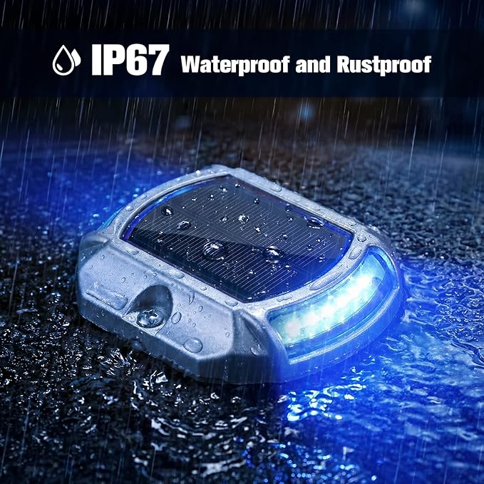 VOLISUN Solar Driveway Lights Dock Deck Lights 4-Pack2 Colors in 1 LED Solar Powered Waterproof Outdoor Warning Step Light for Driveway Sidewalk Pathway (White/Blue)Auto On/Off