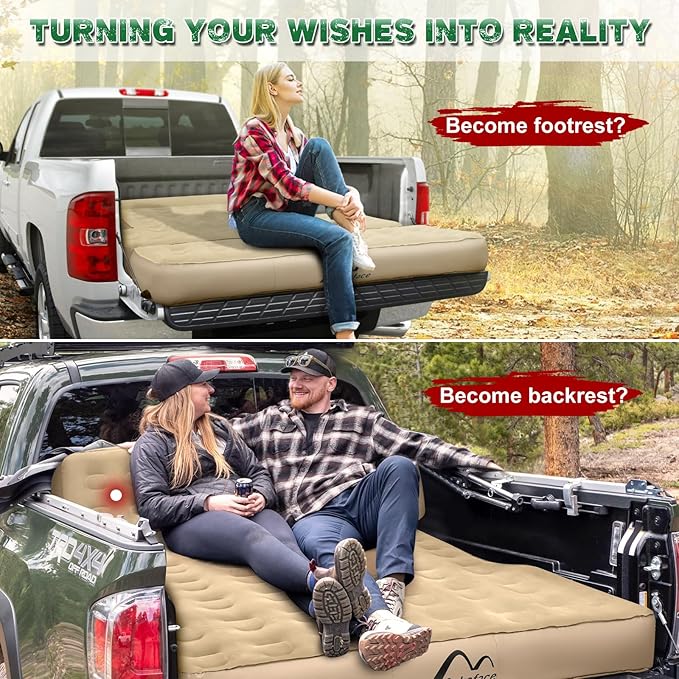 Detachable Tailgate Extendable 5.5-5.8ft Truck Bed Air Mattress - Heavy-Duty Inflatable Truck Bed Mattress with Car Pump Extra Large Carry Bag Leak-Resistant for Outdoor Camping &amp Pickup Trucks