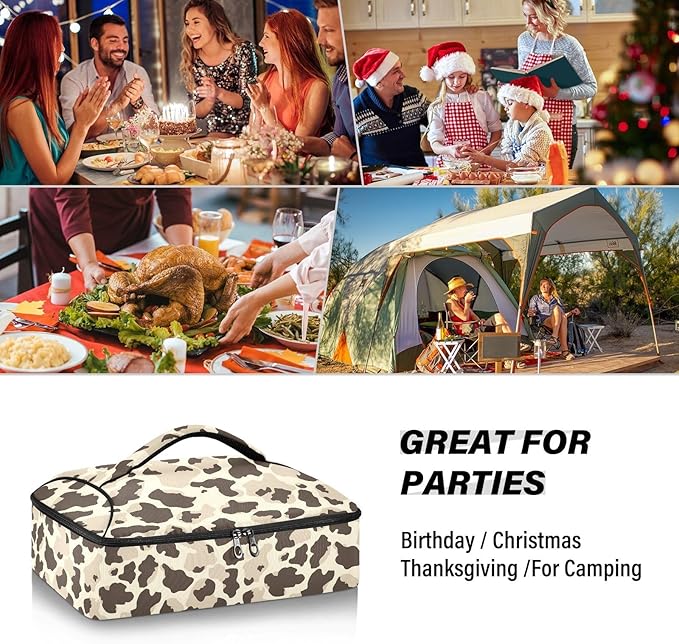 Casserole Carrier Cow Spots in Brown and BeigeInsulated Casserole Carrier for Hot or Cold Food Thermal Lunch Tote for Potluck Parties Picnic Beach Fits 9 x 13 Inches Baking Dish