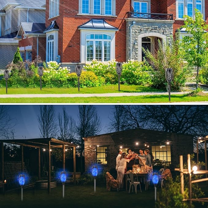Blue Solar Lights Halloween Decorations Outdoor 8 Pack Solar Torch Lights with Flickering Flame 12 LED Mini Tiki Torches Waterproof for Landscape Pathway Dusk to Dawn Auto On/Off