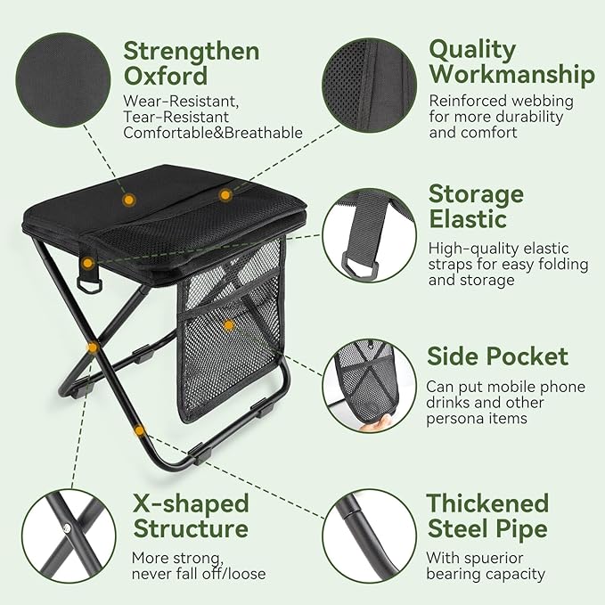 Extra Large Foldable Backpack Stoolpockets and side pockets Compact adult-sized portable stool ideal for camping hiking outdoor activities and events Maximum weight capacity 300 lbs (Black)