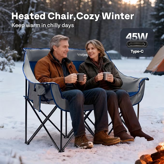 VIVOHOME 45W Padded Heating Double Camping Chair with 2 x 27000mAh Power Bank Heated Oversized Portable Loveseat for Outdoor Sports 3 Levels of Heat Overheat Protection System Navy Blue and Gray
