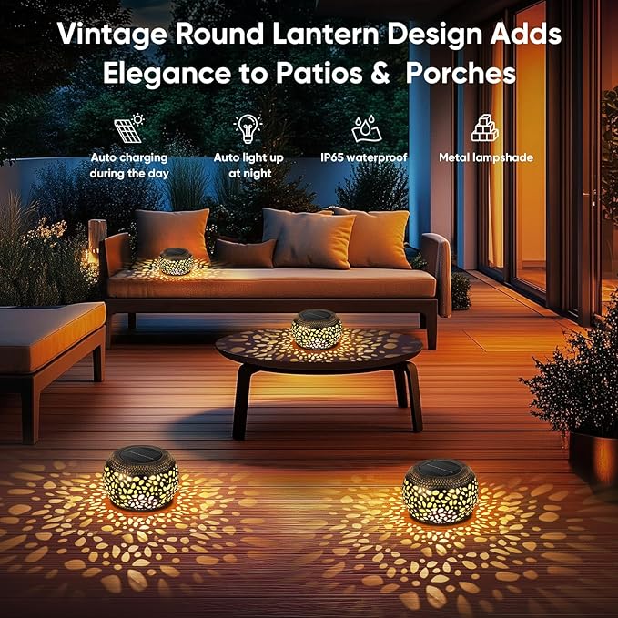 Solar Lantern Outdoor Patio Decor: 4 Pack Solar Lanterns Outdoor Waterproof Hollow Out Retro Metal Solar Lights Yard Porch Garden Balcony Indoor Desk Bedroom Tabletop Decorations 2 Lighting Colors