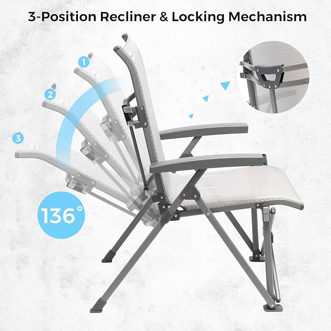 SUNNYFEEL Folding Camping Chair Outdoor Reclining Adjustable 3 Position Heavy Duty Adults 500 LBS Capacity with Hard Armrests &amp Cup Holder Blue Ergonomic Chairs for Outdoor Camp Beach Travel