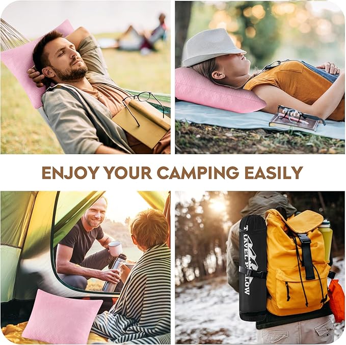 Small Shredded Memory Foam Pillow Camping Pillow Travel Pillow - Compressible Medium Firm Breathable Cover Ideal Backpacking Hiking Airplane and Car (Apricot Pink L)