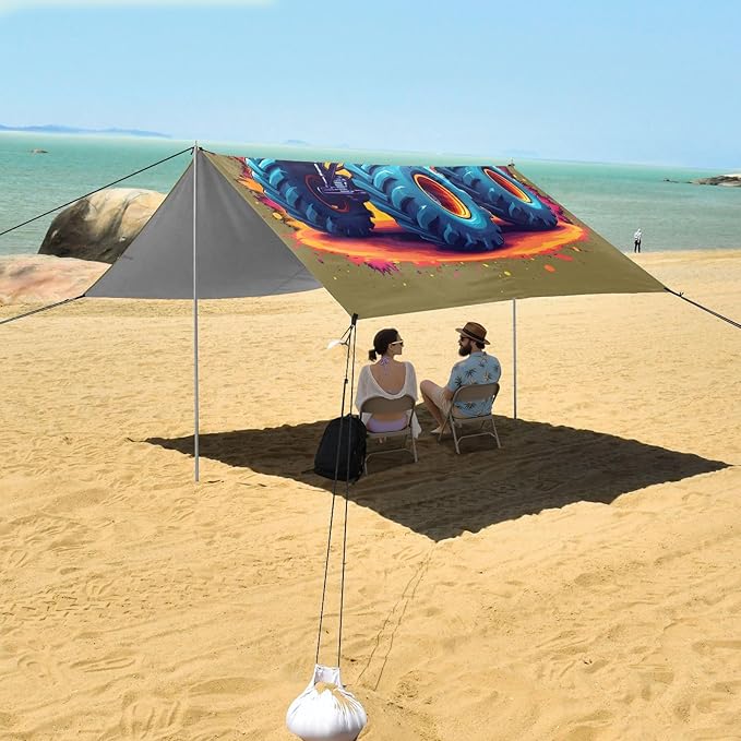 ALAZA Jet Monster Truck Beach Tent Sun Shelter UPF50+ Protection Beach Shade Canopy w/ 4 Sandbags for Outdoor Camping Fishing Backyard Fun Picnic 10x9 ft