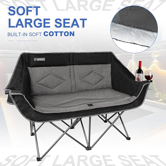 Oversized Double Camping Chair-Heavy Duty 2 Person Folding Loveseat Camp Couch for AdultsPortable Outdoor Lawn Chairs with Padded Seat for FishingSports and PatioSupports 500 LBSBlack