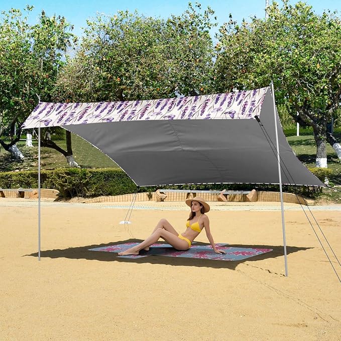 ALAZA Lavender Flower Butterfly Beach Tent Sun Shelter UPF50+ Protection Beach Shade Canopy w/ 4 Sandbags for Outdoor Camping Fishing Backyard Fun Picnic 10x9 ft