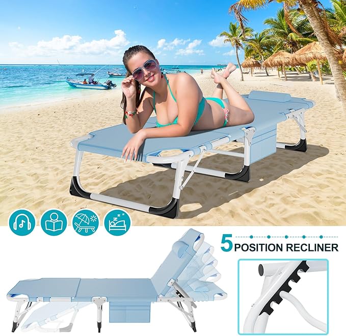 ABORON Folding Camping Cot W/Mat &amp Face Arm Hole for Adults Adjustable Heavy Duty Outdoor Bed1200 D Layer Oxford Travel Camp Cots for Beach Pool LawnYard Patio