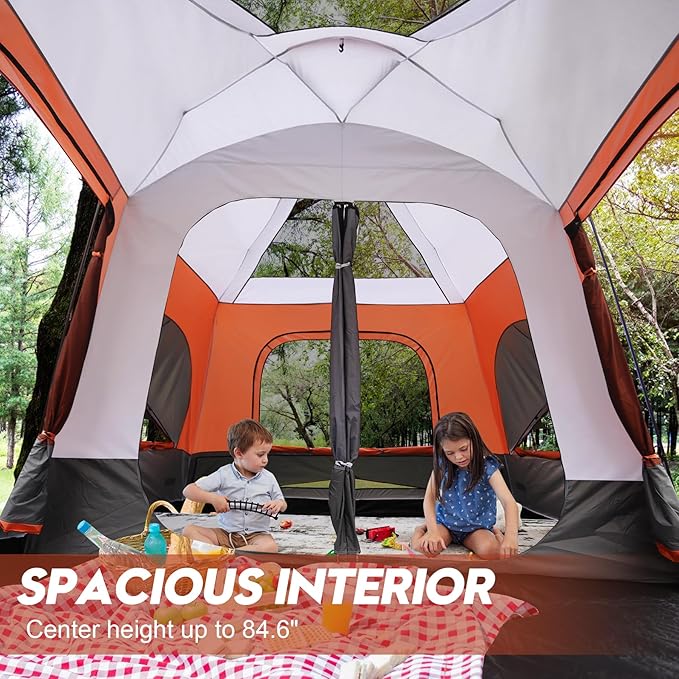 8–10-12 Person Camping Tent 2 Room Family Tent with Zippered Divider Porch Rainfly Extra Large Waterproof Cabin Tent with 3 Mesh Doors &amp Windows Easy Setup 7.1 ft Tall Tent for Outdoor Campin