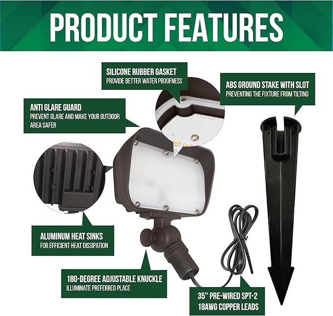 GKOLED 7W LED Outdoor Flood Light Low Voltage Landscape Lighting Waterproof Security Wall Lighting Fixture 9-15V 480 Lumen 3000K 1/2 Adjustable Knuckle Mount Die-cast Aluminum Brown
