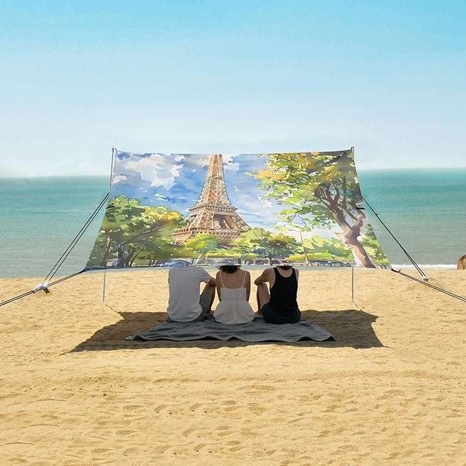 ALAZA Eiffel Tower Watercolour Beach Tent Sun Shelter UPF50+ Protection Beach Shade Canopy w/ 4 Sandbags for Outdoor Camping Fishing Backyard Fun Picnic 10x9 ft