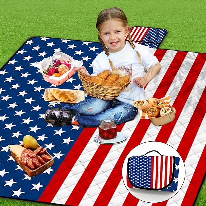Poedist Large Waterproof Picnic Blanket 80 x 80 Set of Two Picnic Mats Pink Flowers and Flag