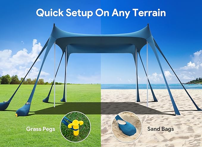 Osoeri Beach Tent Camping Sun Shelter UPF50+ with 8 Sandbags Sand Shovels Ground Pegs &amp Stability Poles Outdoor Shade Beach Canopy for Camping Trips Fishing Backyard Fun or Picnics