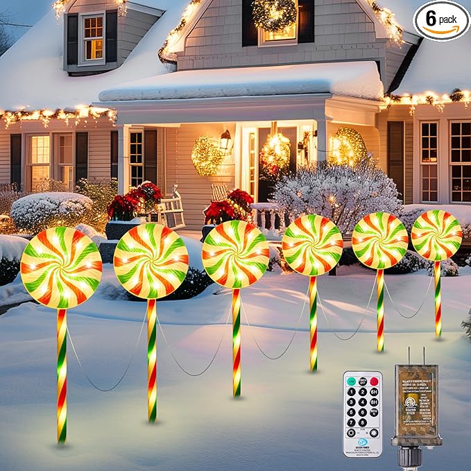 Brightown 6 Pack Lollipop Christmas Pathway Lights Outdoor - 27IN 120 LED Candy Cane Lights with 8 Lighting Modes Waterproof Christmas Light Outdoor Decoration for Lawn Walkway Warm White