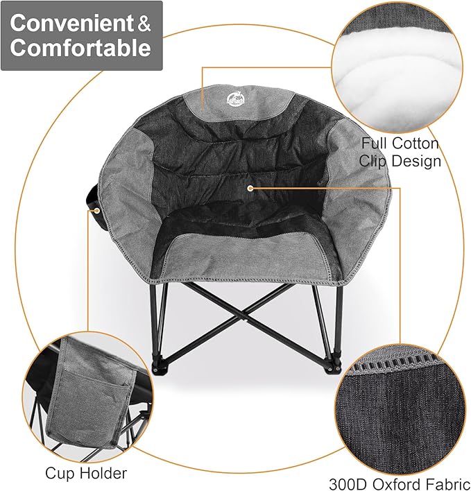 Northroad Compact Camping Moon Chair Outdoor Padded Folding Round Chair w/Cup Holder Supports up to 300 lbs for Beach Hiking Fishing Picnic LawnBlack