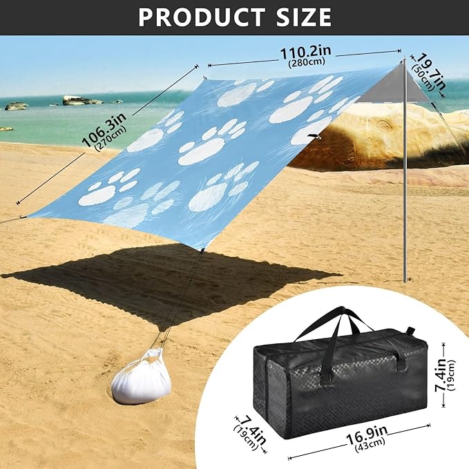 Blue Paw Print Beach Tent Sun Shelter 9.2' x 10.5' Beach Canopy with 4 Sandbags 4 Stability Poles Sand Shovels - Tent Canopy for Beach Camping Fishing Picnics