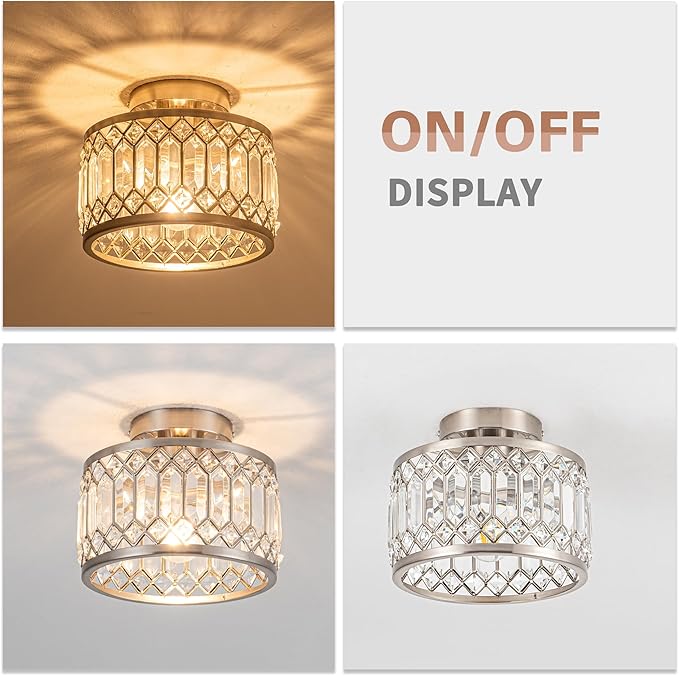 Crystal Ceiling Light Fixture Modern Semi Flush Mount Ceiling LightCrystal Chandelier for Kitchen Bedroom Bathroom Entryway Nickel Finish (Bulb not Included)