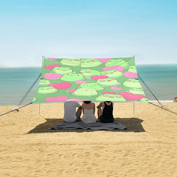 ALAZA Cute Frogs Hearts Beach Tent Sun Shelter UPF50+ Protection Beach Shade Canopy w/ 4 Sandbags for Outdoor Camping Fishing Backyard Fun Picnic 10x9 ft